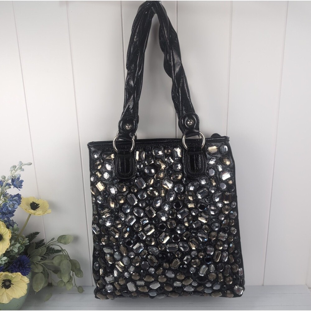 Kathy Van Zeeland Large Shoulder Bag Tote Black Faux Leather & Rhinestones Glam